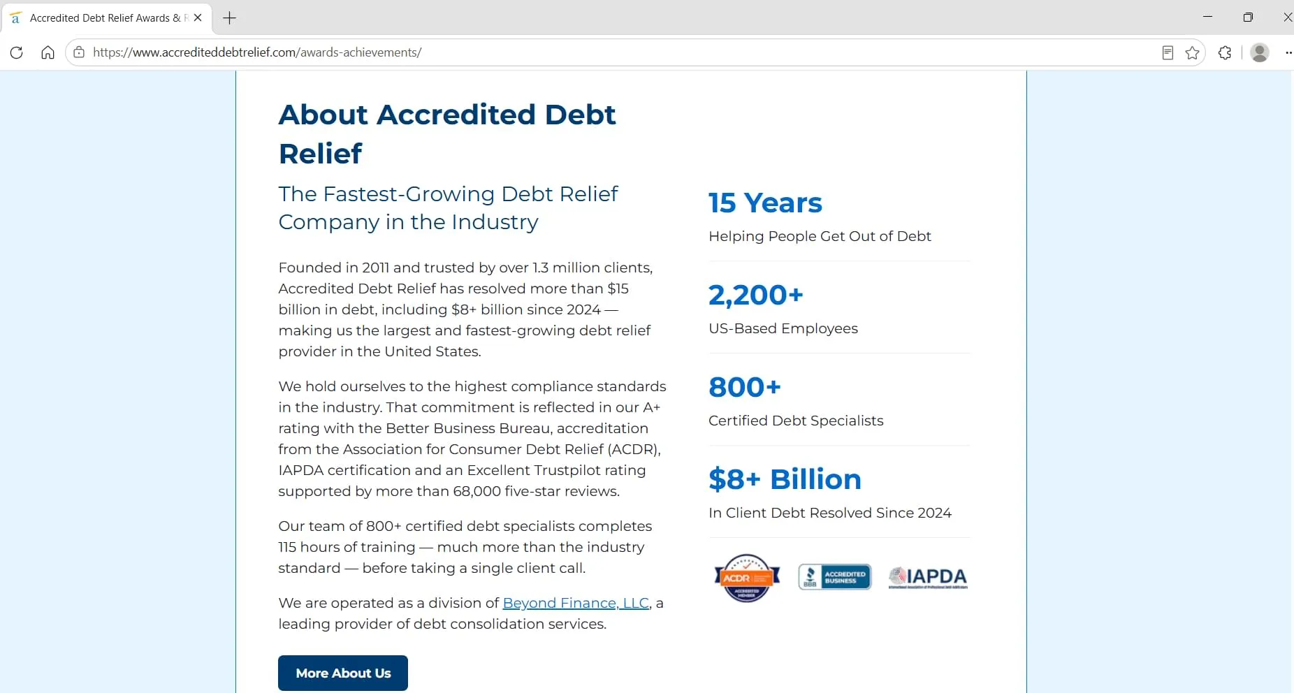 About Accredited Debt Relief page, captured during Relief Guardian's independent review