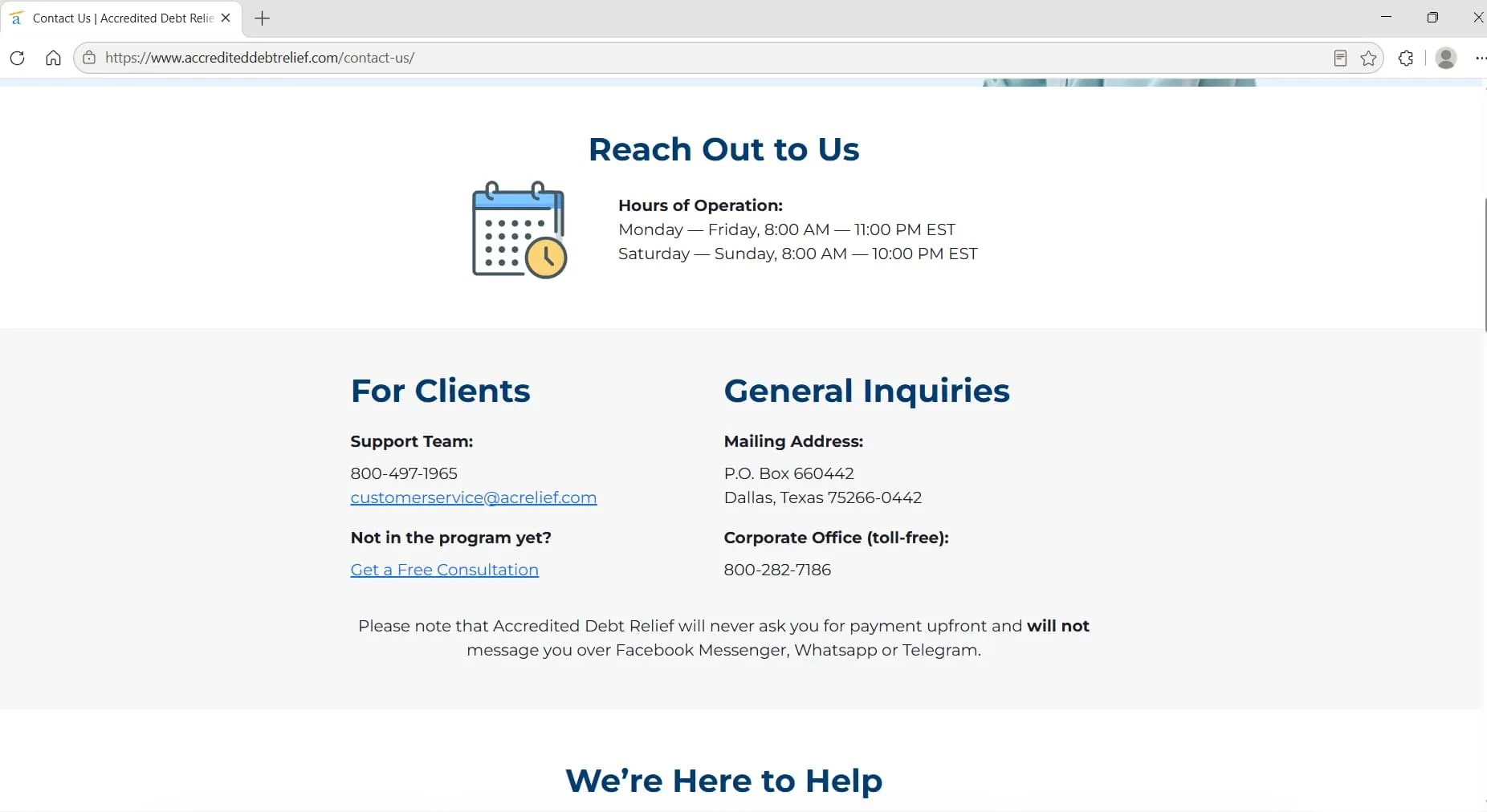 Accredited Debt Relief contact page showing hours of operation and support contacts, captured during Relief Guardian's independent review