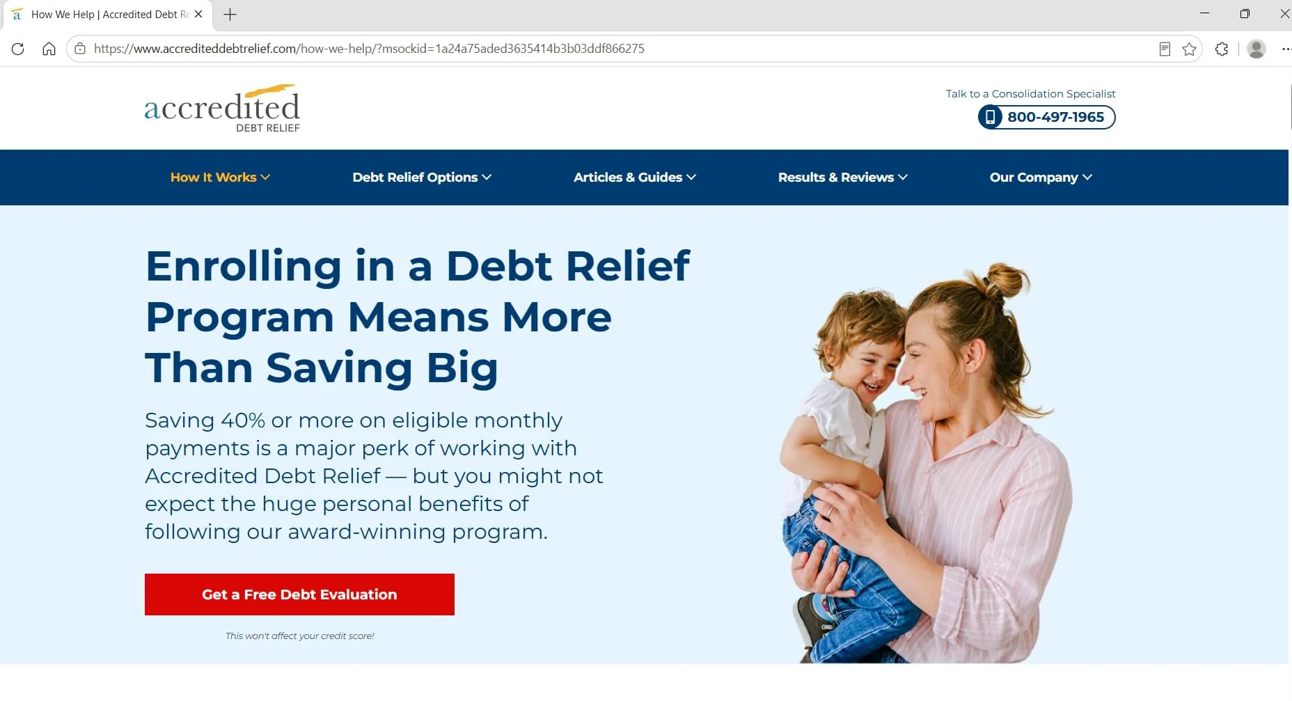 Accredited Debt Relief's how-we-help landing page, captured during Relief Guardian's independent review