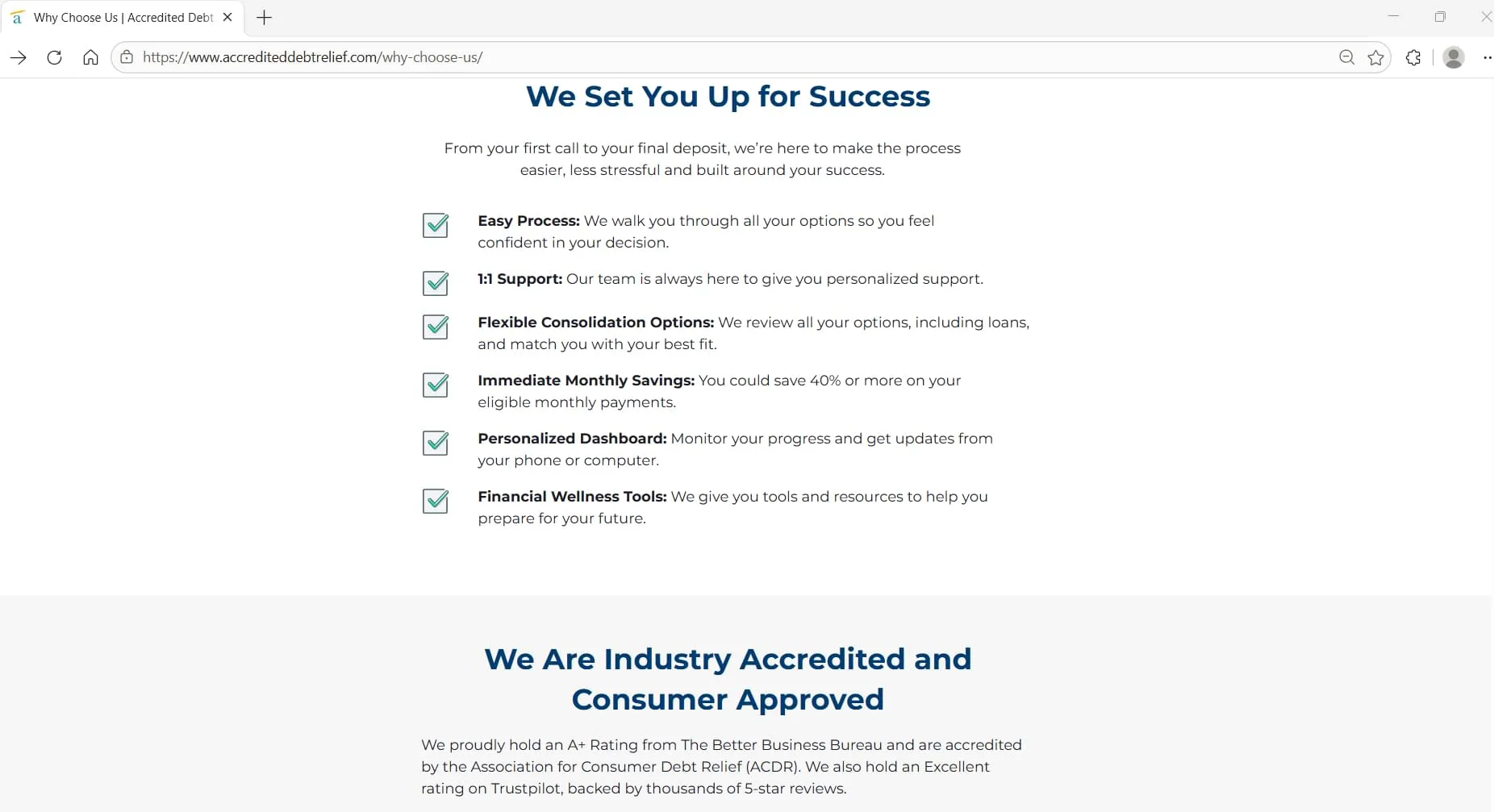 Accredited Debt Relief's publicly displayed accreditations. BBB, ACDR, Trustpilot, captured during Relief Guardian's independent review