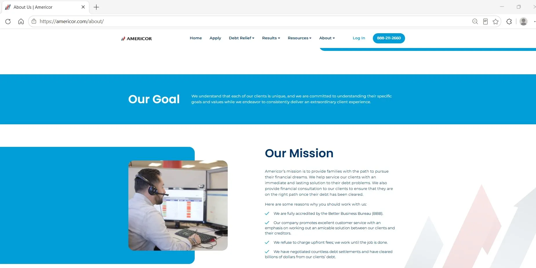 Americor's Our Goal and Our Mission page, captured during Relief Guardian's independent review