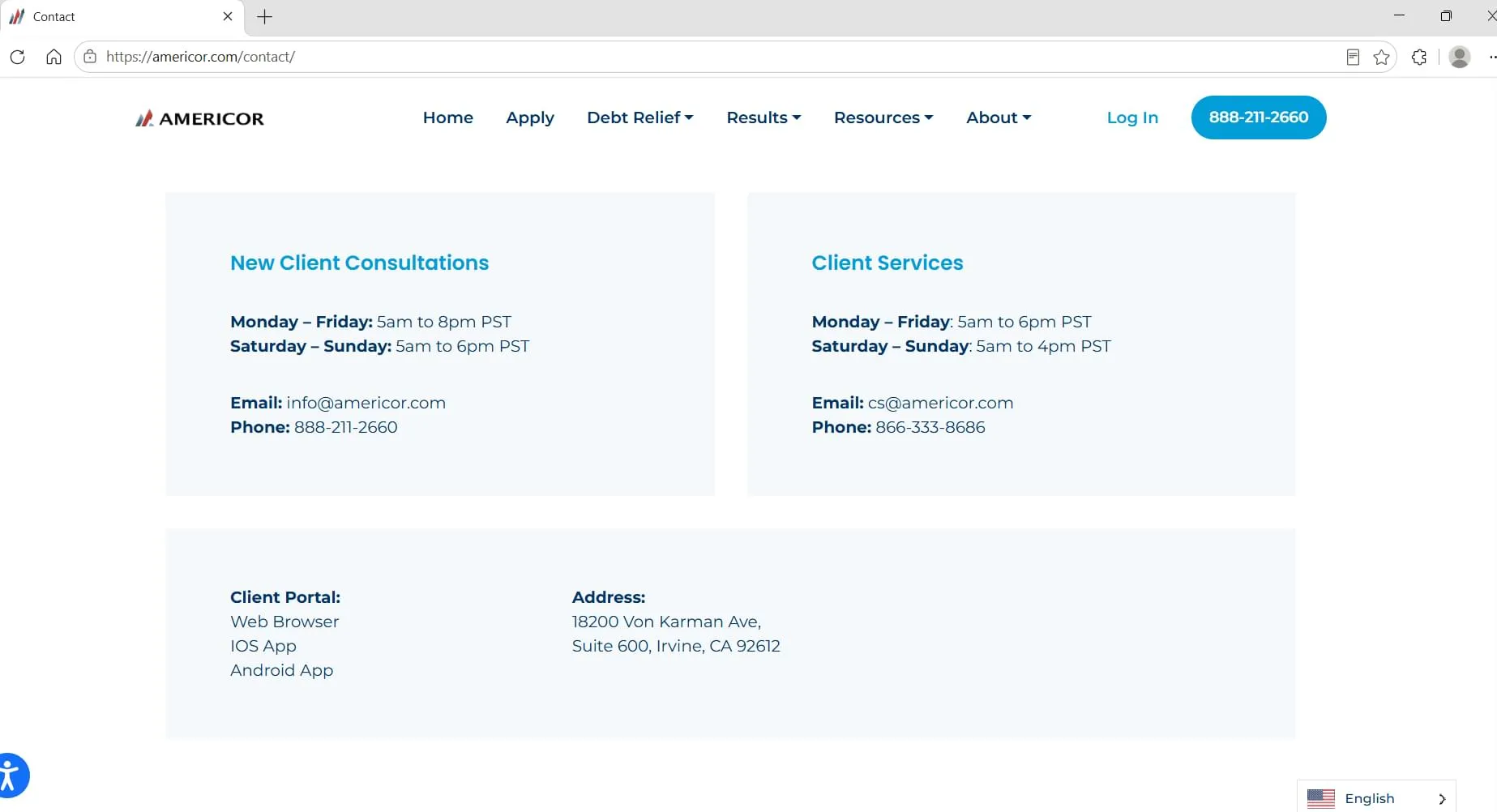 Americor contact page showing consultation and client services hours, captured during Relief Guardian's independent review