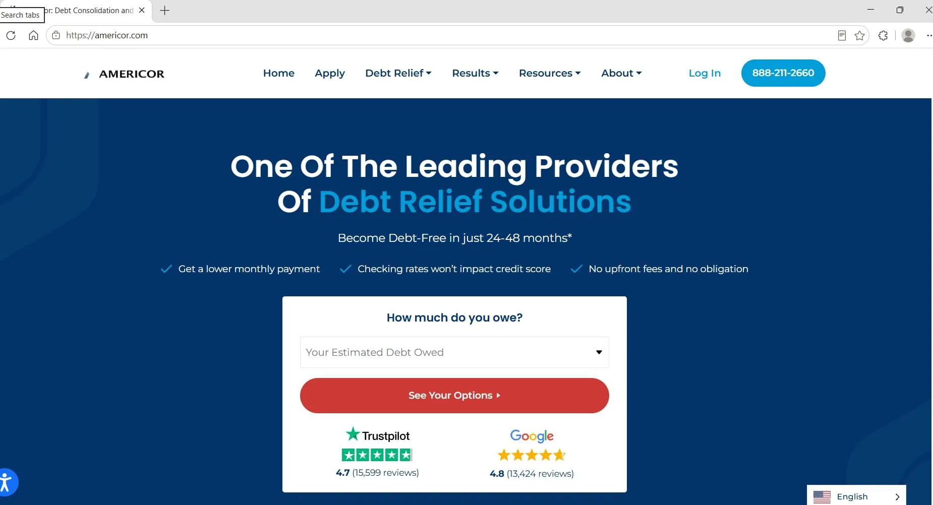Americor homepage, captured during Relief Guardian's independent review