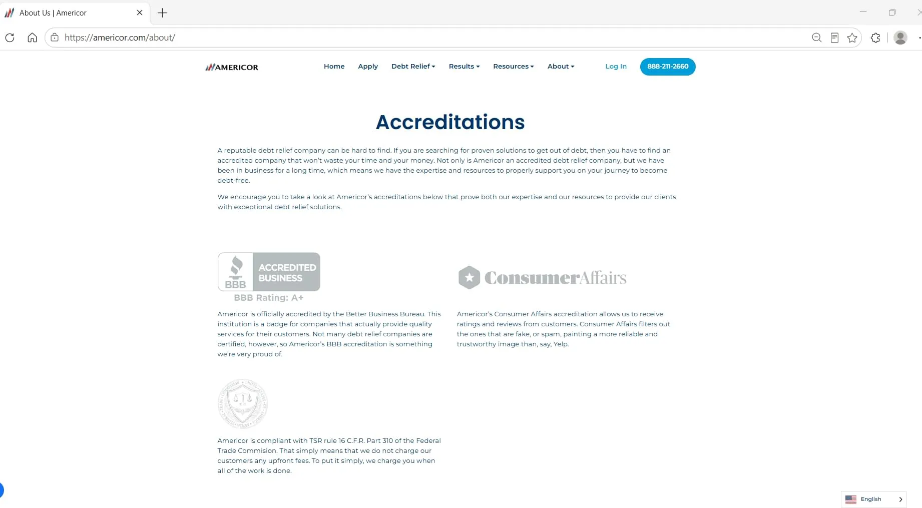 Americor's publicly displayed accreditations. BBB, ConsumerAffairs, FTC TSR compliance, captured during Relief Guardian's independent review