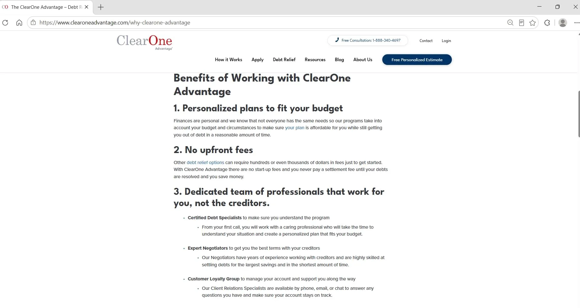 Benefits of Working with ClearOne Advantage page, captured during Relief Guardian's independent review