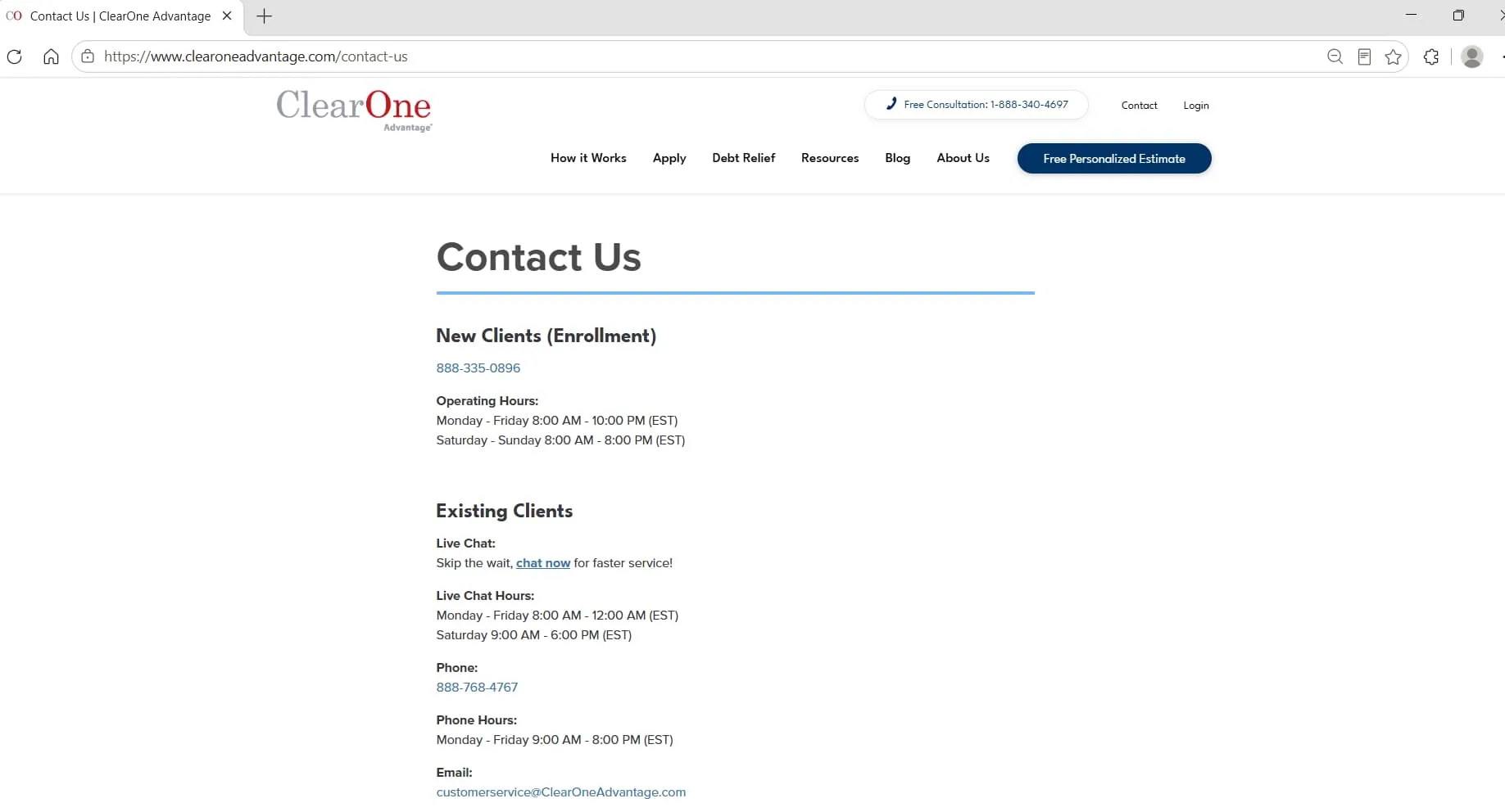 ClearOne Advantage contact page showing phone numbers and operating hours, captured during Relief Guardian's independent review
