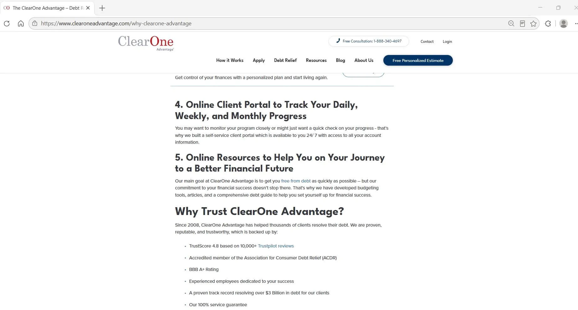 ClearOne Advantage's publicly displayed trust signals. Trustpilot TrustScore, ACDR, BBB A+, captured during Relief Guardian's independent review