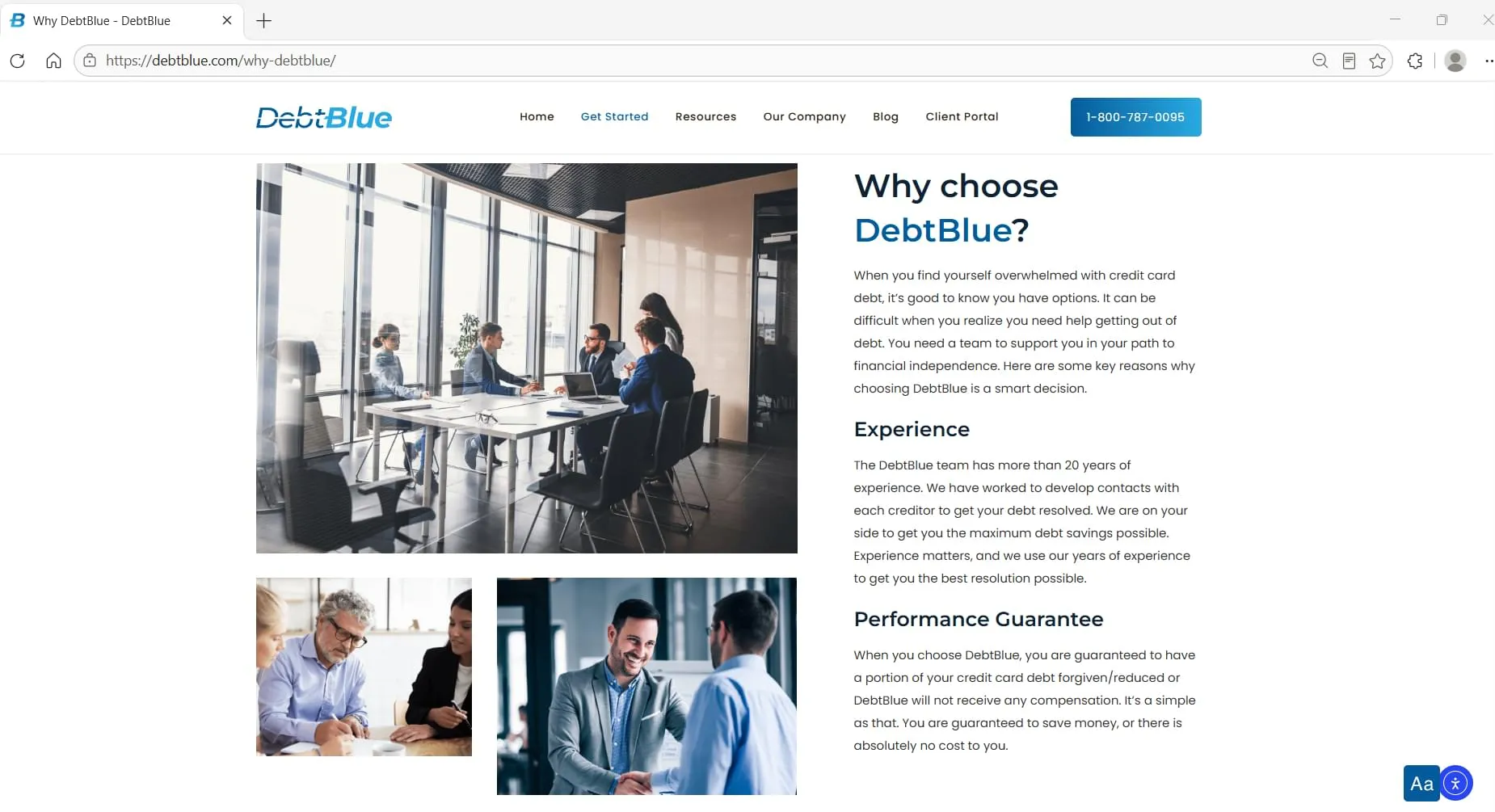 Why Choose DebtBlue? page, captured during Relief Guardian's independent review