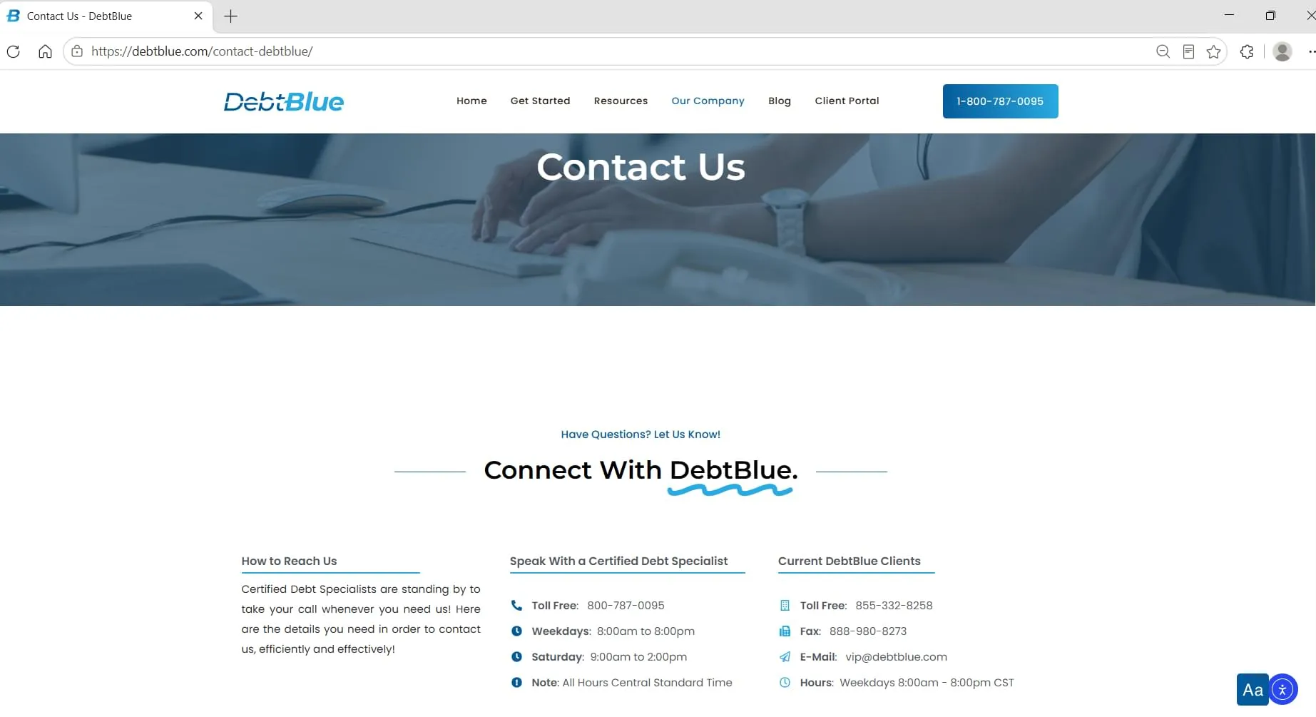 DebtBlue contact page showing phone numbers, email, and support hours, captured during Relief Guardian's independent review