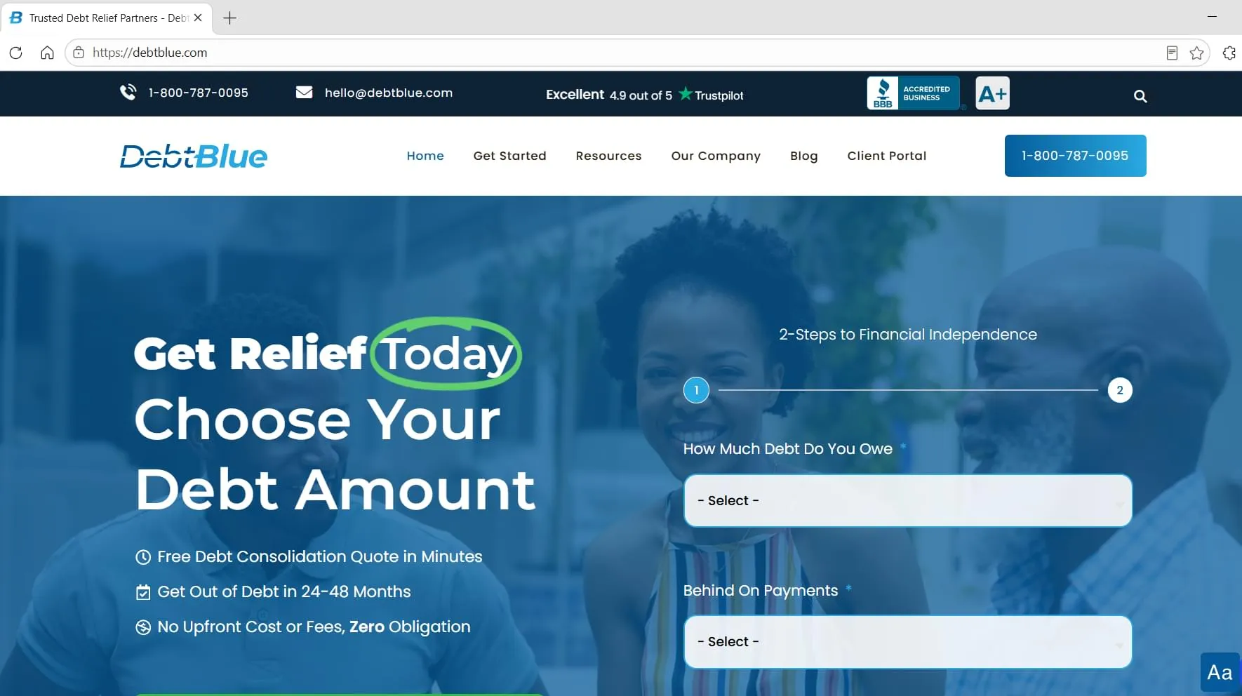 DebtBlue homepage, captured during Relief Guardian's independent review