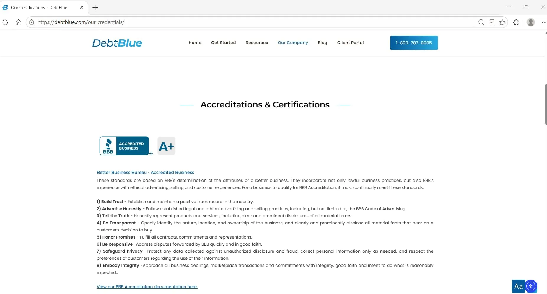 DebtBlue's publicly displayed BBB Accredited Business A+ rating, captured during Relief Guardian's independent review