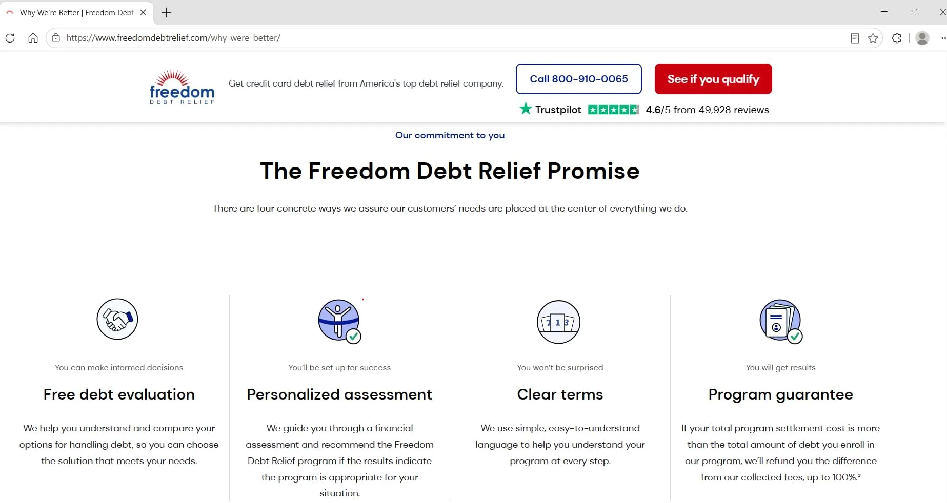 The Freedom Debt Relief Promise page, captured during Relief Guardian's independent review