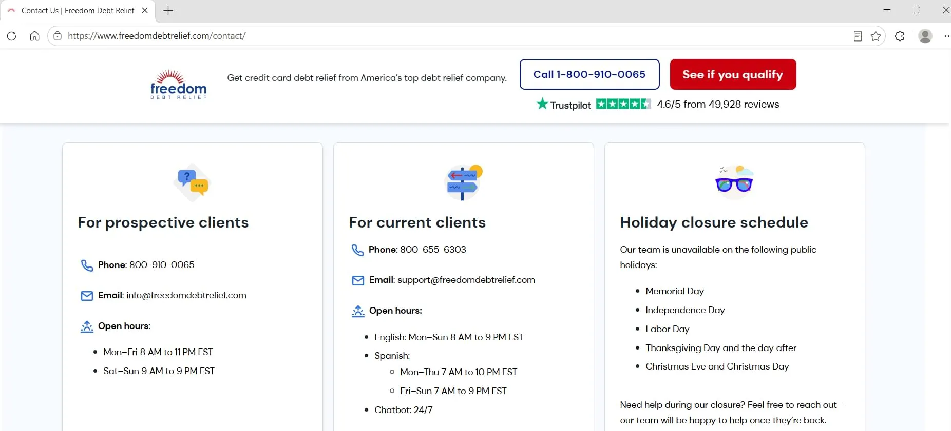 Freedom Debt Relief contact page showing phone numbers and support hours, captured during Relief Guardian's independent review
