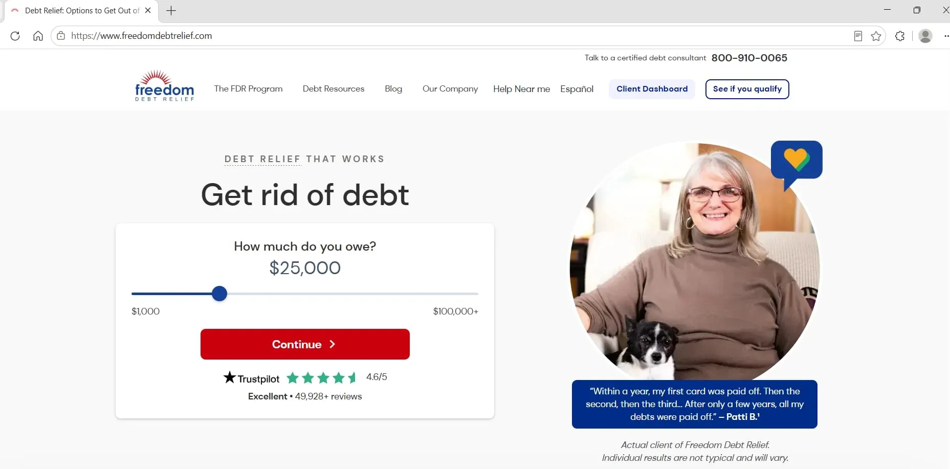 Freedom Debt Relief homepage, captured during Relief Guardian's independent review