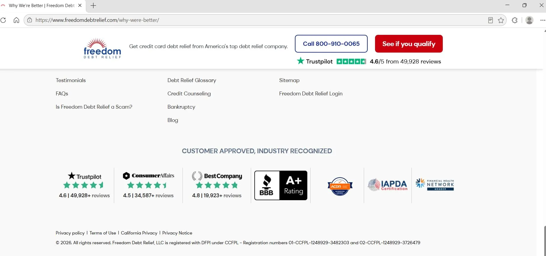 Freedom Debt Relief's publicly displayed trust badges. Trustpilot, ConsumerAffairs, BBB, IAPDA, captured during Relief Guardian's independent review