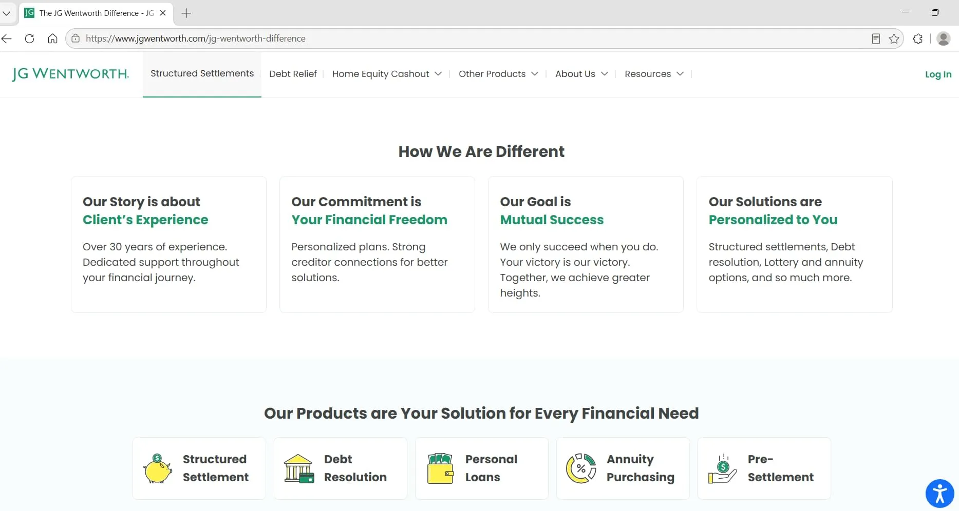 The JG Wentworth Difference page, captured during Relief Guardian's independent review