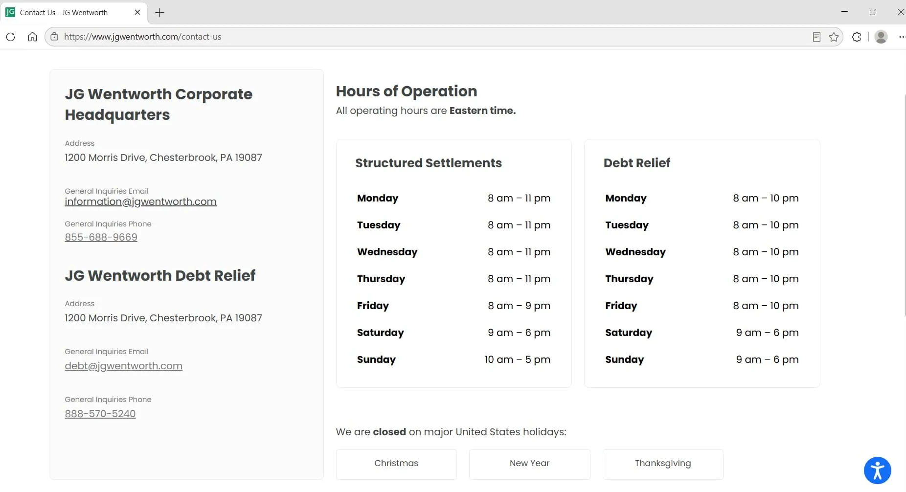 JG Wentworth contact page showing corporate headquarters address and hours of operation, captured during Relief Guardian's independent review