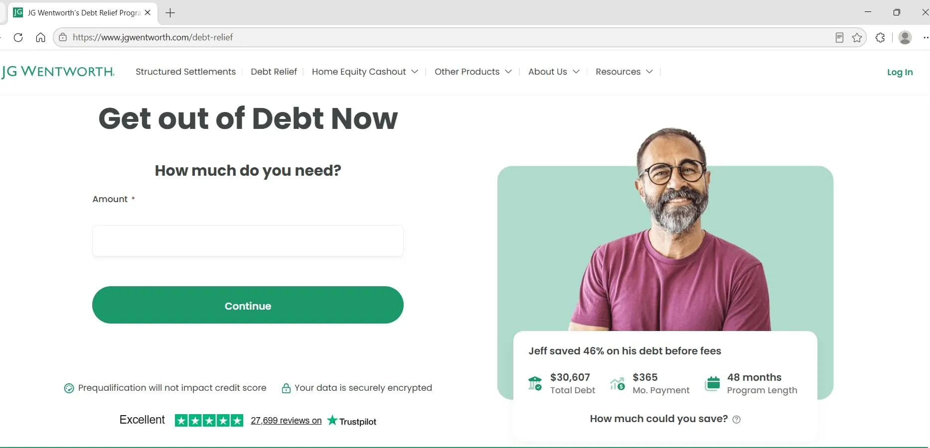 JG Wentworth's debt relief landing page, captured during Relief Guardian's independent review