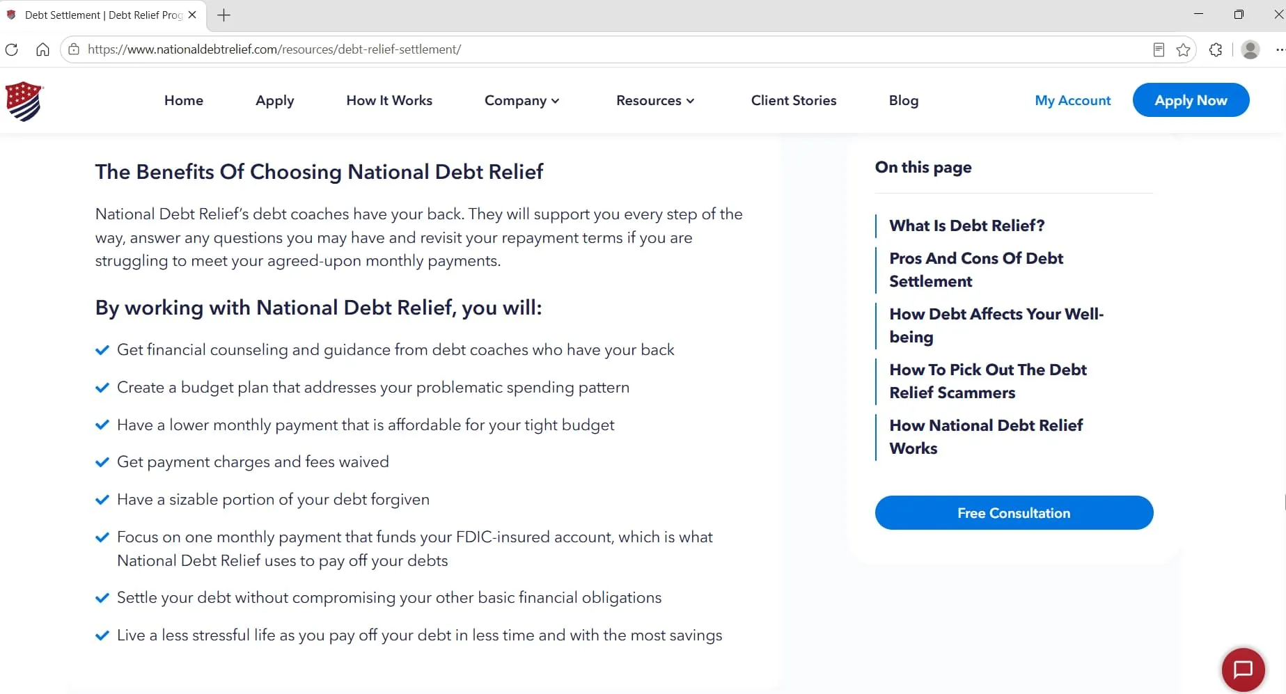 Benefits of Choosing National Debt Relief page, captured during Relief Guardian's independent review