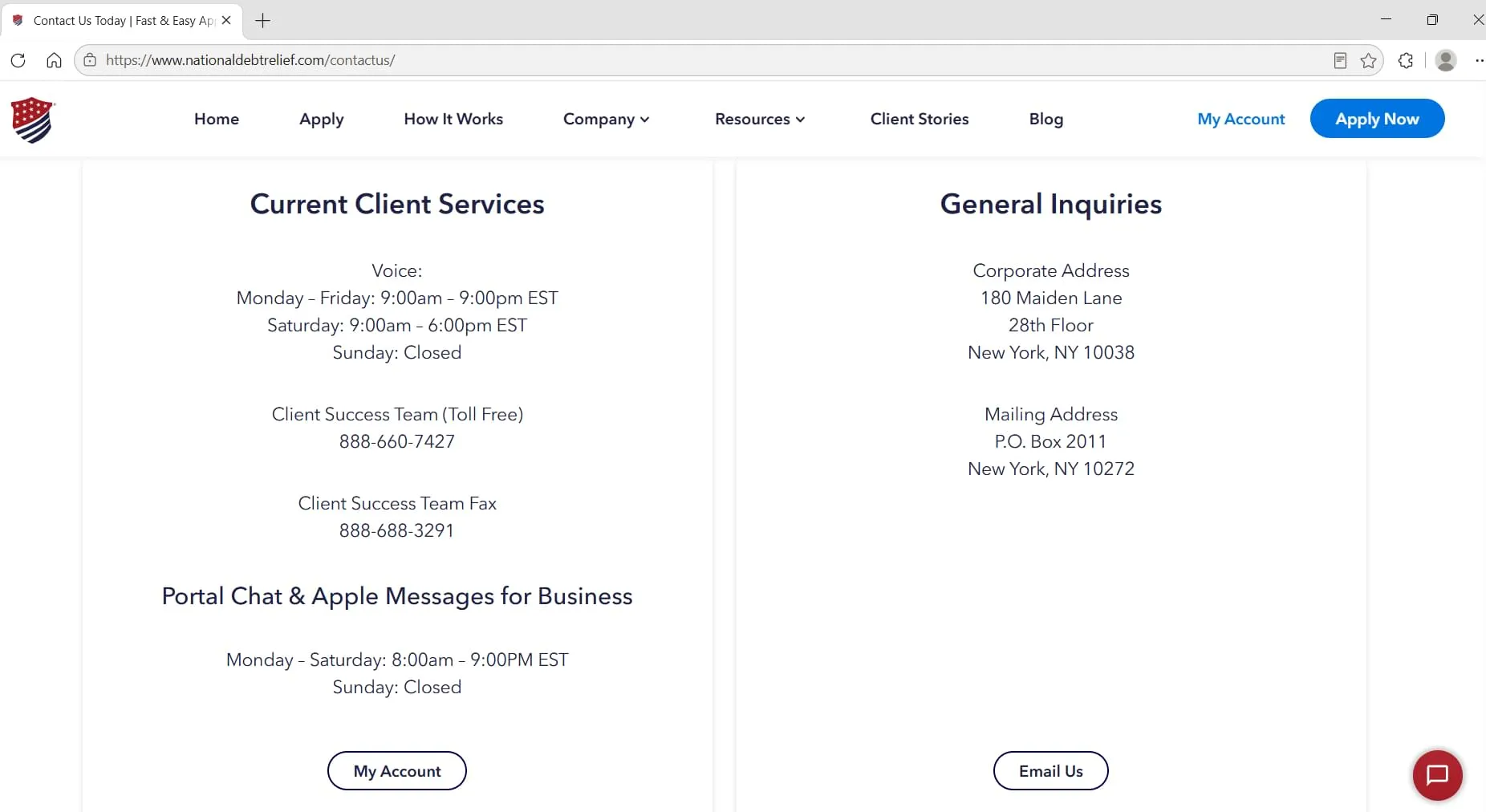 National Debt Relief contact page showing support hours and corporate address, captured during Relief Guardian's independent review
