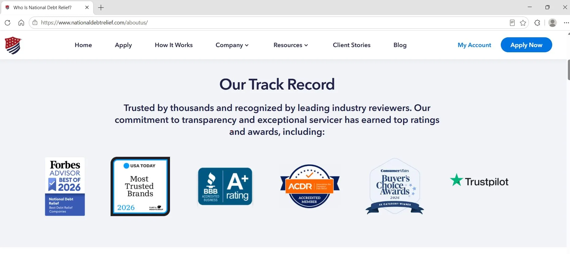 National Debt Relief's publicly displayed awards and trust badges. Forbes Advisor, BBB, ACDR, Trustpilot, captured during Relief Guardian's independent review