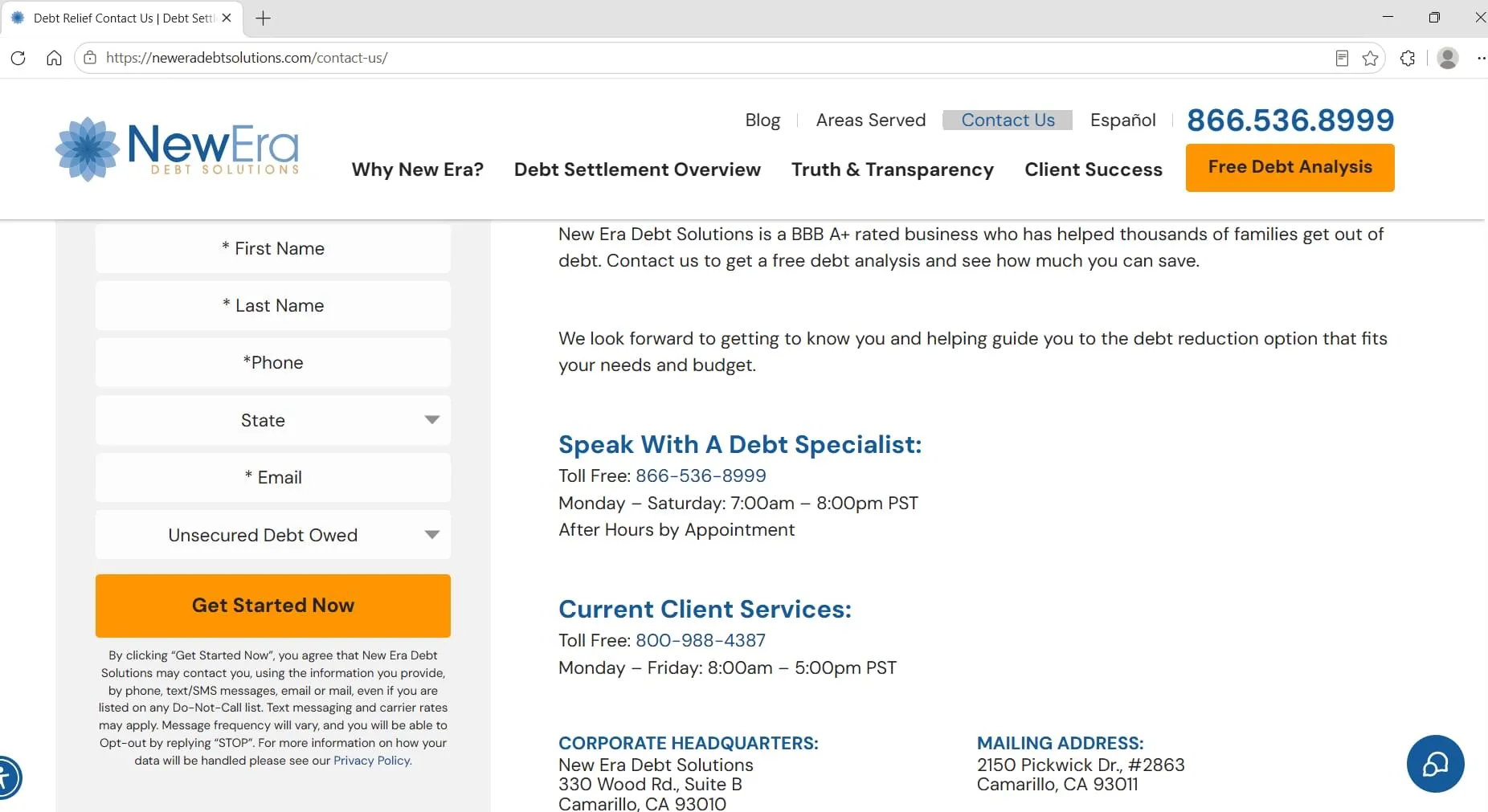 New Era Debt Solutions contact page showing phone numbers and corporate address, captured during Relief Guardian's independent review