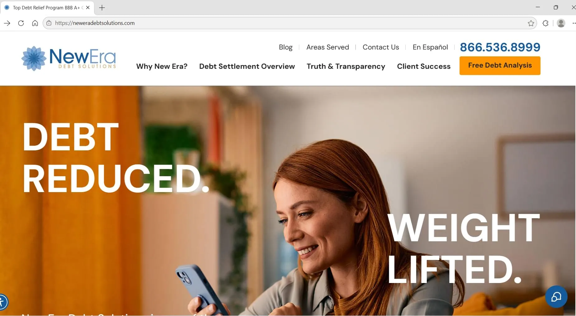 New Era Debt Solutions homepage, captured during Relief Guardian's independent review