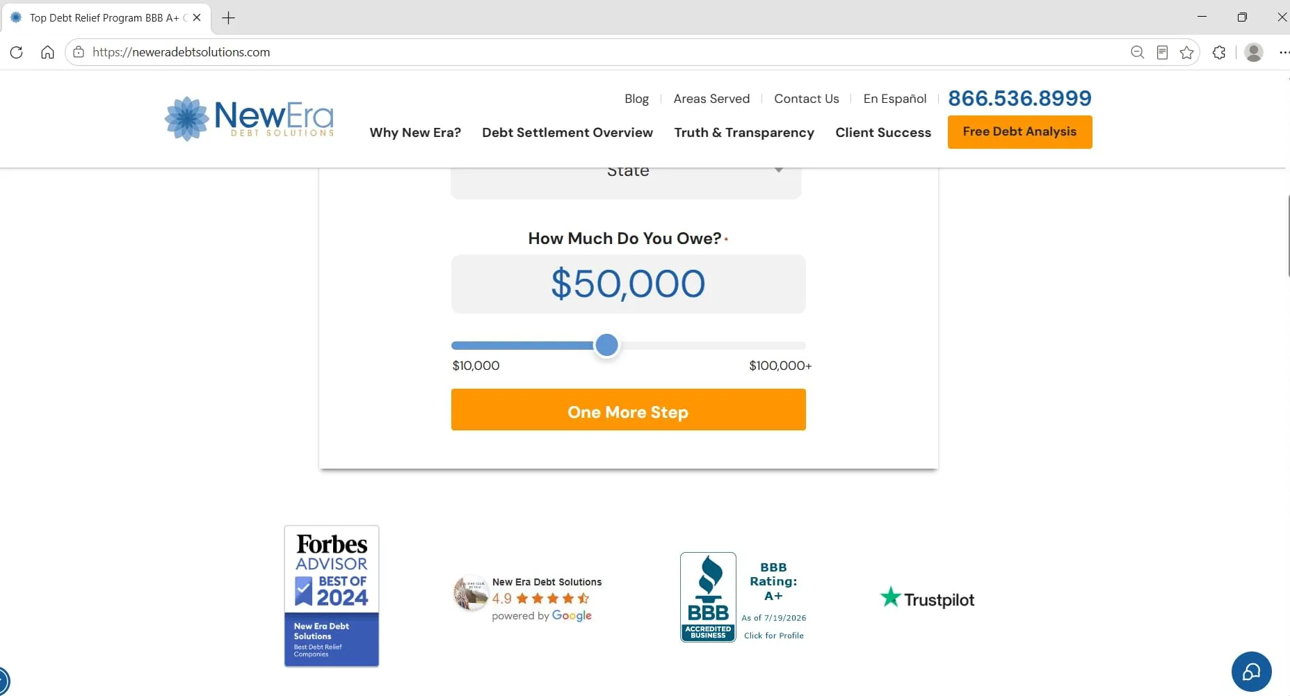 New Era Debt Solutions' publicly displayed trust badges. Forbes Advisor, BBB, Trustpilot, captured during Relief Guardian's independent review
