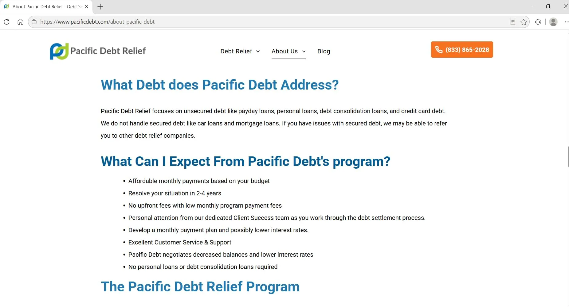 What Debt Does Pacific Debt Address? page, captured during Relief Guardian's independent review