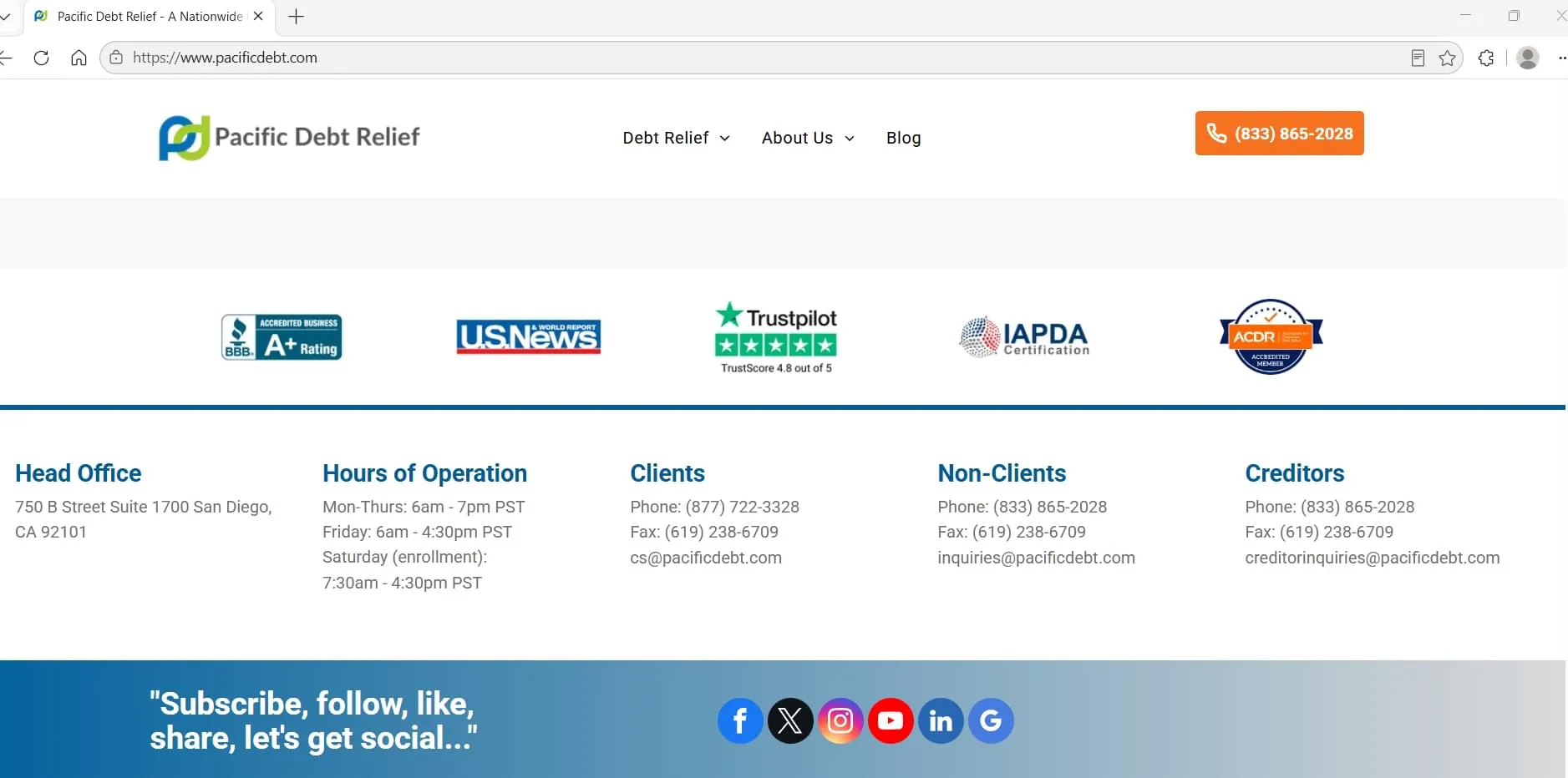 Pacific Debt Relief's contact information, head office address, hours of operation, and separate phone lines for clients, non-clients, and creditors, captured during Relief Guardian's independent review