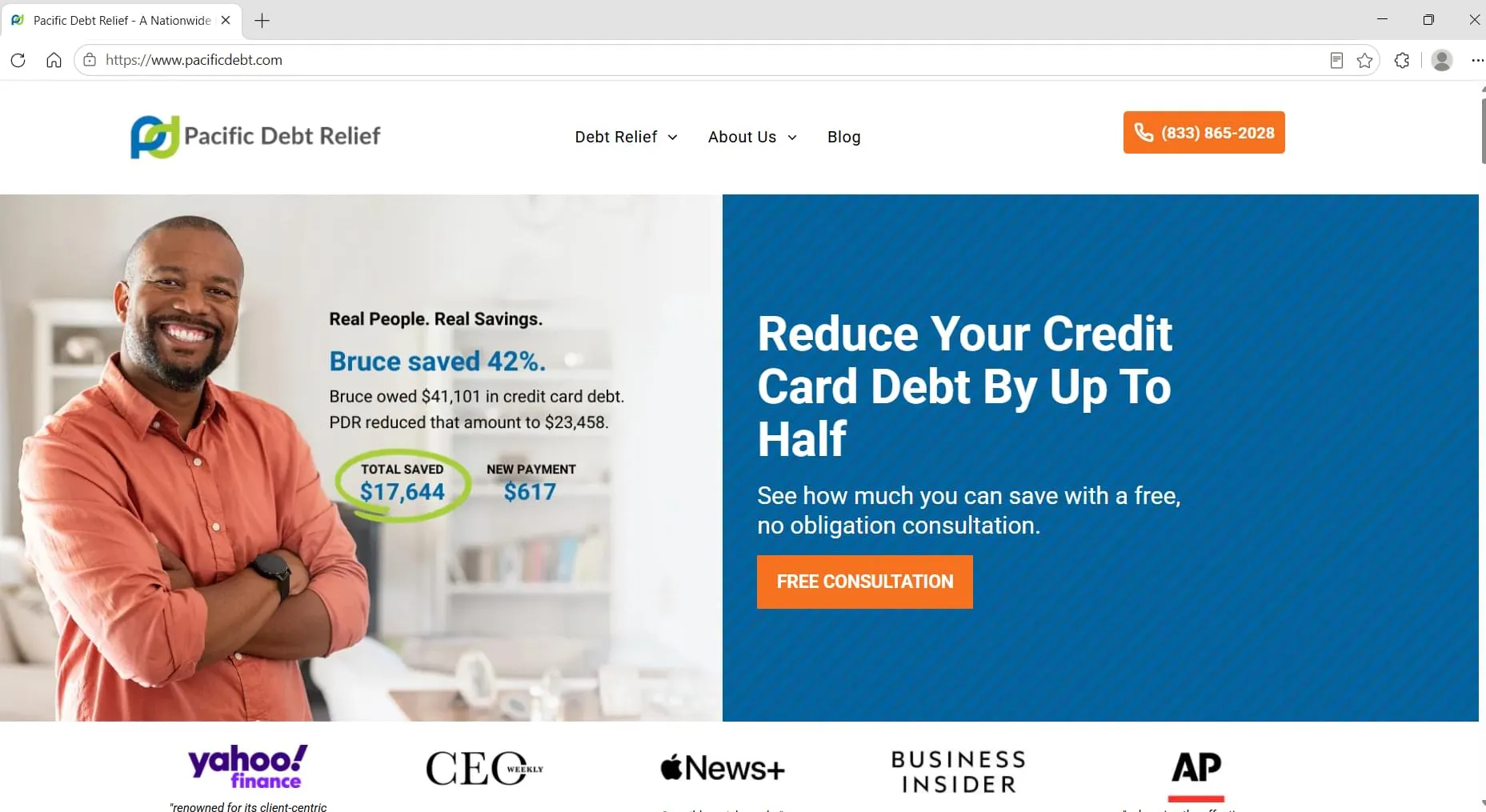 Pacific Debt Relief homepage, captured during Relief Guardian's independent review