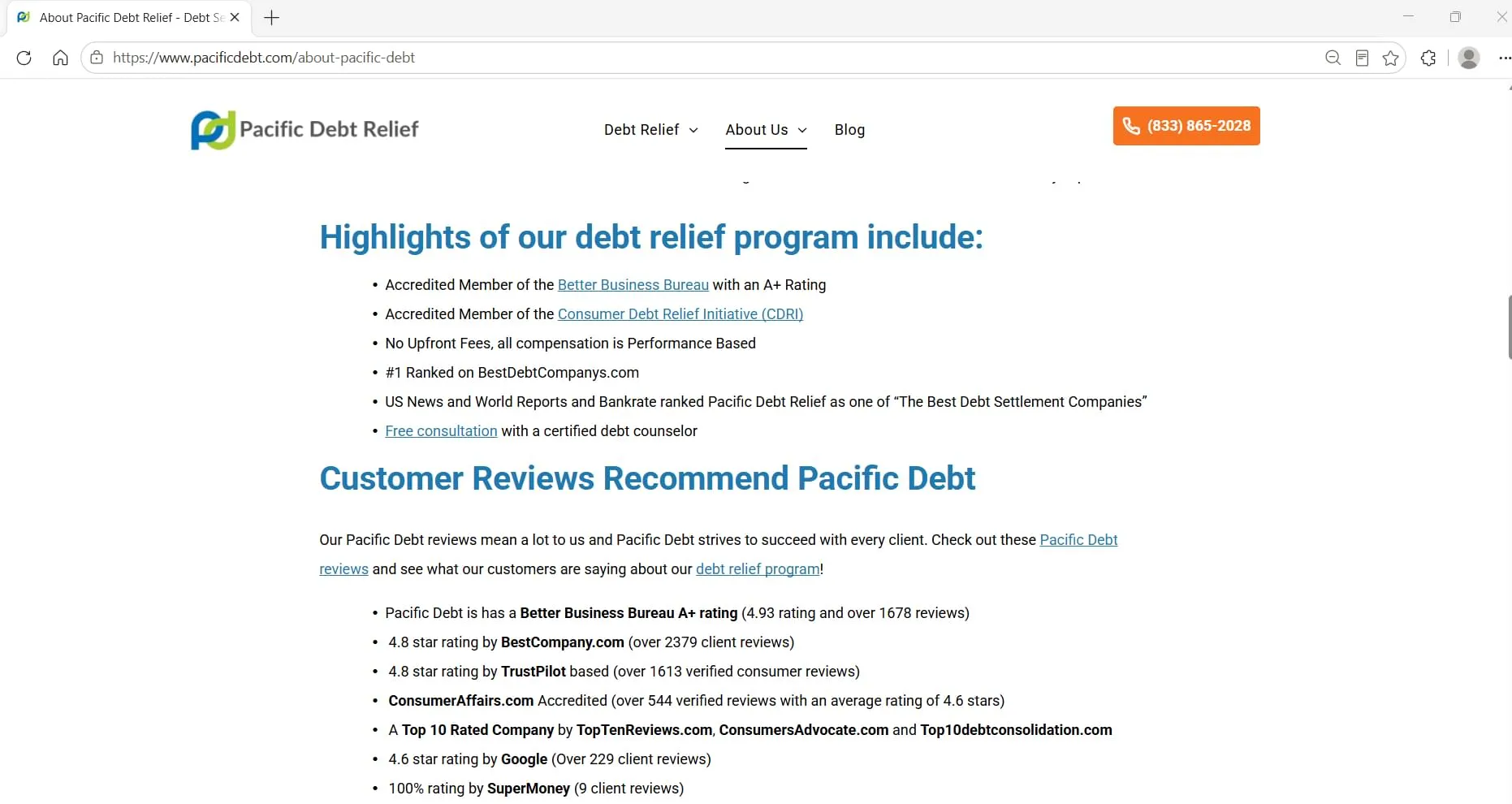 Pacific Debt Relief's publicly displayed accreditations and third-party ratings. BBB, TrustPilot, ConsumerAffairs, captured during Relief Guardian's independent review