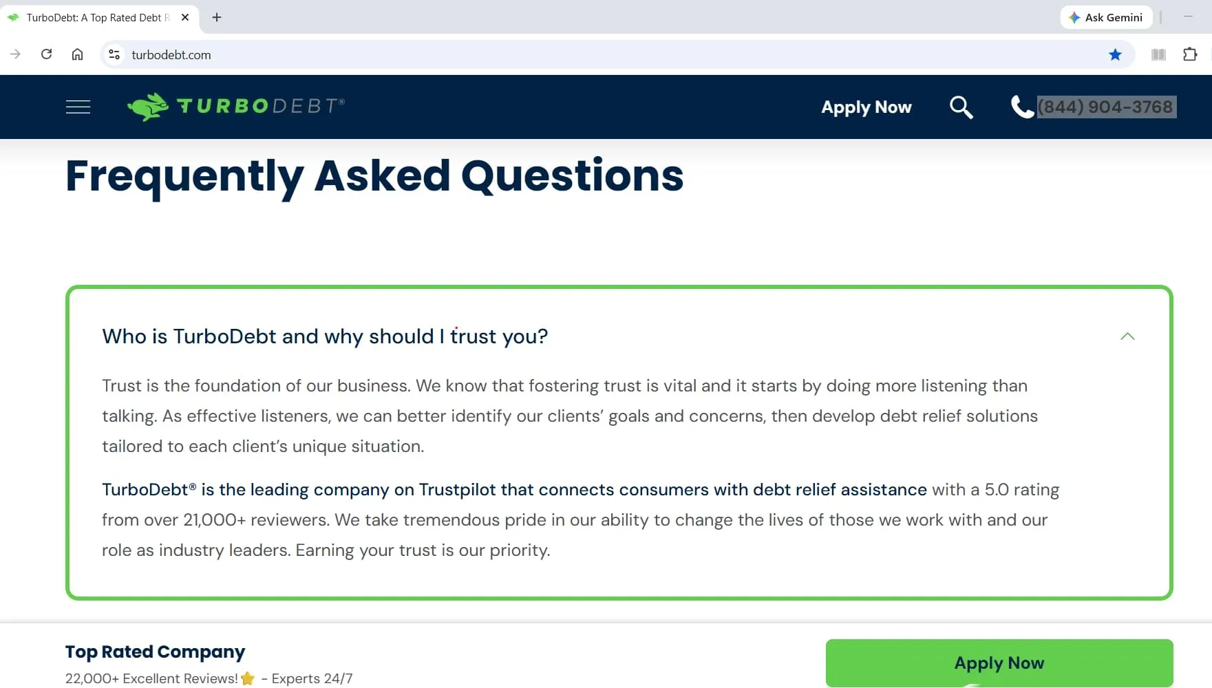 TurboDebt's 'Who is TurboDebt and why should I trust you?' FAQ answer, captured during Relief Guardian's independent review