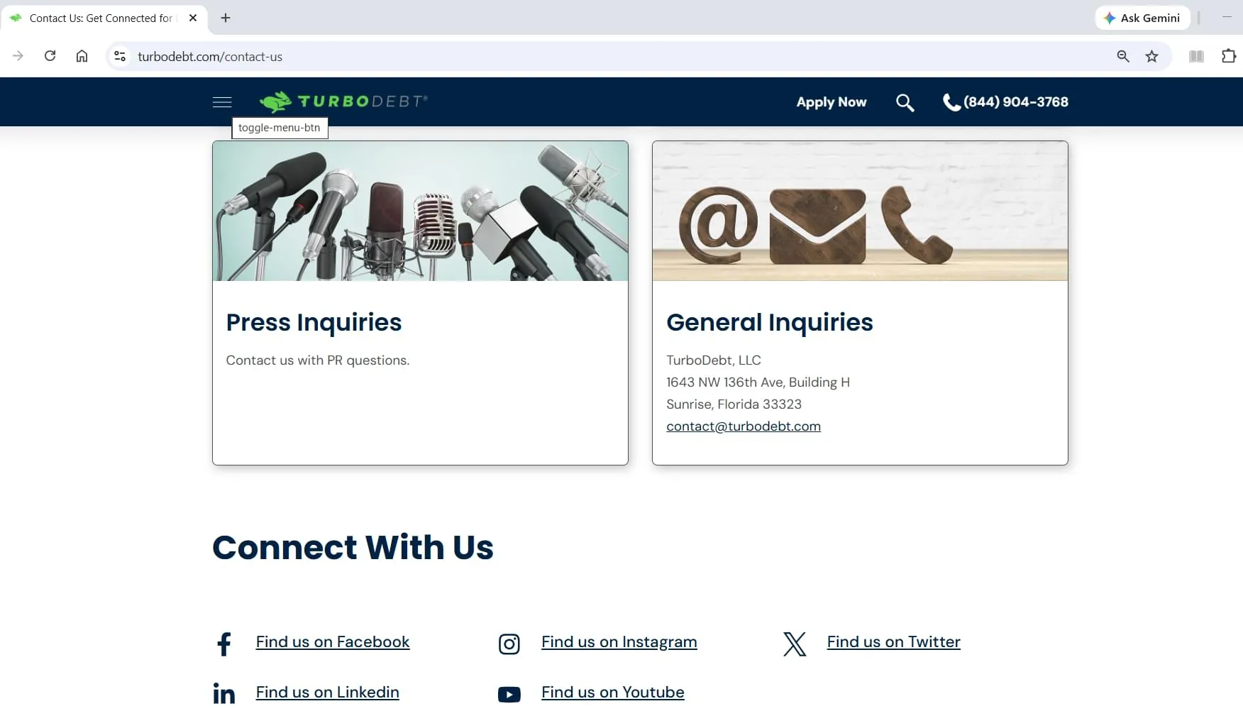 TurboDebt contact page showing general and press inquiry information, captured during Relief Guardian's independent review