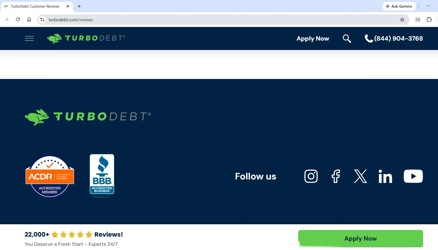 TurboDebt's publicly displayed accreditations. ACDR, BBB, captured during Relief Guardian's independent review